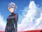  1girl ayanami_rei blue_hair blue_sky breasts cloud cloudy_sky evangelion:_3.0_you_can_(not)_redo highres neon_genesis_evangelion plugsuit rebuild_of_evangelion red_eyes ryou_(ponpgo) short_hair skin_tight sky small_breasts solo upper_body 