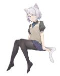  1girl animal_ears black_legwear blue_eyes blue_neckwear blue_skirt cardigan_vest cat_ears cat_girl cat_tail hair_over_one_eye highres looking_at_viewer necktie no_shoes original pantyhose pleated_skirt ryou_(ponpgo) short_hair silver_hair simple_background sitting skirt smile solo tail white_background 