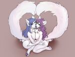  2021 4:3 anthro blue_eyes blue_hair blue_nose blue_tongue butt canid duo female female/female general-irrelevant hair kissing mammal nude pawpads pink_hair pink_nose simple_background tongue 