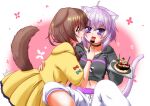  2girls ahoge animal_ear_fluff animal_ears birthday_cake black_choker black_hoodie braid brown_eyes brown_hair cake candle cat_ears cat_girl cat_tail choker commentary_request dated dog_ears dog_girl dog_tail eye_contact eyebrows_visible_through_hair feeding floral_background food fork fruit hair_between_eyes hand_on_another&#039;s_back happy_birthday highres holding holding_fork holding_plate hololive hood hood_down hoodie inugami_korone jacket kneeling looking_at_another midriff misril multiple_girls nekomata_okayu pants partial_commentary pink_background plate purple_eyes purple_hair short_hair signature single_braid sitting skirt slit_pupils strawberry suspenders tail track_pants twitter_username two-tone_background virtual_youtuber white_background white_pants wristband yellow_jacket yellow_skirt yuri 