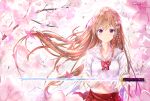 1girl absurdres bangs blush bow braid brown_hair cherry_blossoms collarbone eyebrows_visible_through_hair flower hair_bow hair_flower hair_ornament highres holding holding_sword holding_weapon katana long_hair looking_at_viewer midriff_peek na_kyo navel original pink_flower pleated_skirt purple_eyes red_bow red_skirt school_uniform shirt side_braid skirt solo sword very_long_hair water_drop weapon white_bow white_shirt 