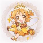  1girl :d aizen_(syoshiyuki) alternate_costume arm_warmers bloomers bow brown_background brown_bow brown_eyes brown_footwear brown_hair chibi hair_bow hairband happinesscharge_precure! holding honey_dipper honeypot lace_background looking_at_viewer oomori_yuuko open_mouth orange_bloomers orange_bow precure shoes short_hair single_bare_leg single_thighhigh smile solo striped striped_bow striped_legwear thighhighs underwear 