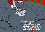  2018 anthro beard bell big_muscles body_hair chest_hair clothing dragon english_text facial_hair fierglief grey_body grin hat headgear headwear hi_res huge_muscles hyper hyper_muscles looking_at_viewer male muscular muscular_anthro muscular_male nude sharp_teeth smile solo teeth terantic text 