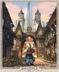  1other black_mage blue_coat castle clock coat cobblestone entrance facing_away fence final_fantasy final_fantasy_ix flag flower hat looking_afar sasumata_jirou signpost sky town vivi_ornitier wizard_hat 