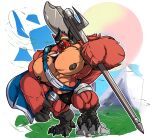  2020 4_toes 5_fingers absurd_res anthro avian axe beak big_bulge big_muscles big_pecs black_nipples bulge cape clothing feet fierglief fingers front_view hi_res holding_object horn huge_muscles huge_pecs hyper hyper_muscles hyper_pecs male melee_weapon muscular muscular_anthro muscular_male nipples open_mouth pecs plantigrade smile solo toes tyrse&#039;s_birdsona underwear weapon 