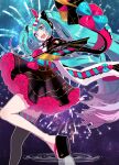  1girl :d absurdres aiming_at_viewer asymmetrical_legwear bangs black_legwear black_skirt blue_bow blue_eyes blue_hair bow commentary eyebrows_visible_through_hair fan foreshortening gradient_hair hatsune_miku headphones highres holding holding_fan layered_skirt leg_up long_hair macha_3939 magical_mirai_(vocaloid) multicolored_hair open_mouth pink_hair red_bow shiny shiny_hair single_thighhigh skirt smile solo thighhighs twintails very_long_hair vocaloid 