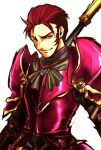 1boy armor biwaminstrelso1 fire_emblem fire_emblem:_radiant_dawn holding holding_polearm holding_weapon jarod_(fire_emblem) looking_at_viewer male_focus polearm red_eyes red_hair scarf sideburns simple_background smile smug solo spear upper_body weapon white_background 