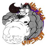  2019 5_fingers absurd_res after_vore alpha_channel anthro badge belly big_belly black_nipples canid canine canis countershading english_text fierglief fingers grin hi_res huge_muscle hyper hyper_belly male mammal musclegut nipples nude sharp_teeth simple_background smile swaggy teeth text transparent_background vore white_countershading wolf 