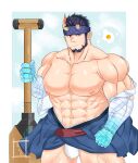  1boy 816_(816_gray) abs absurdres bandages bara bare_pecs beard blue_kimono broken_horn bulge cowboy_shot demon_boy demon_horns facial_hair fried_egg fundoshi glowing_horns headband highres holding holding_weapon horns huge_weapon japanese_clothes kimono large_pectorals live_a_hero looking_at_viewer male_focus mature_male muscular muscular_male navel nessen_(live_a_hero) nipples no_pants open_clothes open_kimono paddle shirtless short_hair solo stomach thick_thighs thighs weapon 