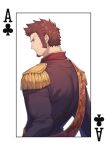  1boy 47 ace_of_clubs back bara blue_eyes brown_hair epaulettes facial_hair fate/grand_order fate_(series) from_side frown goatee long_sideburns looking_to_the_side male_focus mature_male military military_uniform muscular muscular_male napoleon_bonaparte_(fate) poker sash short_hair sideburns solo uniform upper_body 