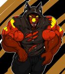  2018 5_fingers abstract_background absurd_res anthro bottomwear bulge canid canine clothing eyewear fangs fierglief fierglief_(character) fingers front_view furgonomics glasses grin hi_res hoodie huge_muscle male mammal open_mouth pants sharp_teeth sleeveless_hoodie smile solo teeth topwear torn_clothing were werecanid werecanine werefox yellow_eyes 