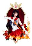  arrow_(projectile) bishoujo_senshi_sailor_moon bow bow_(weapon) choker earrings elbow_gloves fire flower framed gem gloves heart highres hino_rei inner_senshi jewelry long_hair magical_girl purple_hair red_eyes red_sailor_collar sailor_collar sailor_mars sailor_senshi sailor_senshi_uniform super_sailor_mars tiara wasenski weapon 