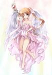  1girl ;) angel_wings bangs barefoot blue_eyes breasts brown_hair cleavage closed_mouth commentary_request eyebrows_visible_through_hair floating hair_ribbon highres holding holding_staff kuroi_mimei light_particles long_hair looking_at_viewer lyrical_nanoha mahou_shoujo_lyrical_nanoha_strikers medium_breasts off_shoulder one_eye_closed raising_heart ribbon side_ponytail sidelocks smile solo staff takamachi_nanoha toga white_ribbon white_wings wings 