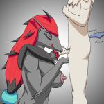  absol anthro big_breasts breasts duo english_text female foreskin foreskin_play foreskin_pull genitals hi_res kissing lance_(xevv) male male/female nintendo nipples onomatopoeia penis penis_kissing pok&eacute;mon pok&eacute;mon_(species) sherry_(xevv) simple_background small_penis sound_effects text uncut video_games xevv zoroark 
