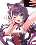  1girl ;d animal_ear_fluff animal_ears armpits artist_name bare_arms bare_shoulders blush cat_ears cat_girl cat_tail cellphone fang green_eyes hand_up holding holding_phone karyl_(princess_connect!) long_hair low_twintails multicolored_hair multiple_girls one_eye_closed open_mouth outstretched_arm phone princess_connect! princess_connect!_re:dive purple_hair purple_neckwear sazamiso_rx self_shot shiny shiny_hair signature simple_background sleeveless smartphone smile solo streaked_hair tail twintails upper_body v v-shaped_eyebrows white_background 