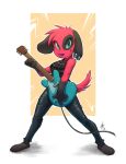 2021 animal_crossing anthro barefoot bottomwear canid canine canis cherry_(animal_crossing) clothing dogbomber domestic_dog ear_piercing ear_ring female fur green_eyes holding_guitar looking_at_viewer mammal nintendo pants piercing red_body red_fur simple_background smile solo standing video_games 