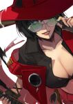  1girl adjusting_eyewear black_choker black_gloves black_hair blue_eyes breasts choker cleavage fingerless_gloves fingernails glasses gloves guilty_gear guilty_gear_strive guitr hat hat_over_one_eye highres holding holding_instrument i-no ian_olympia instrument jacket large_breasts lips looking_at_viewer midriff mole mole_above_mouth partially_unbuttoned red_jacket rimless_eyewear short_hair solo upper_body witch_hat 