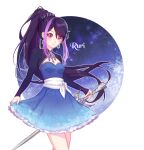  1girl bangs black_hair blue_dress breasts byoru character_name cleavage closed_mouth cosplay cowboy_shot dress earrings eyebrows_visible_through_hair floating_hair frilled_dress frills hair_between_eyes high_ponytail holding holding_weapon jewelry kurosaki_ruri long_hair long_sleeves purple_hair red_eyes shiny shiny_hair short_dress shrug_(clothing) skirt_hold sleeveless sleeveless_dress small_breasts smile solo standing strapless strapless_dress tied_hair very_long_hair weapon weiss_schnee weiss_schnee_(cosplay) white_background yu-gi-oh! yu-gi-oh!_arc-v 