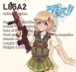  1girl absurdres assault_rifle blonde_hair blue_eyes blush bullpup character_name chest_rig copyright_name cowboy_shot german_flag gun hair_between_eyes highres l85 l85a1_(upotte!!) medium_hair rifle school_uniform serafuku smile solo union_jack upotte!! weapon willy_pete 