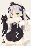  :&lt; animal animal_ears apron assault_rifle black_cat cat cat_ears commentary_request dress girls_frontline green_eyes gun hair_ornament hairband hat highres hk416_(girls_frontline) holding holding_animal holding_cat kemonomimi_mode lifting_person long_sleeves mimo_lm mini_hat official_alternate_costume rifle rifle_on_back silver_hair triangle_mouth weapon white_dress yellow_eyes younger 