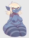  behniis big_breasts blonde_hair blue_body blue_skin breasts clothing curvy_figure female genitals goblin hair hi_res huge_thighs humanoid kneeling legwear natural_breasts not_furry pussy slightly_chubby solo thick_thighs thigh_highs voluptuous 