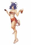  1girl absurdres alternate_costume bare_arms bare_shoulders beer_mug bird blue_eyes blue_hair breasts chicken cleavage commentary cup food full_body grin hair_ornament hair_rings hair_stick highres holding holding_cup holding_food hooters kaku_seiga large_breasts looking_at_viewer mug ofuda one_eye_closed orange_shorts parted_lips shoes short_hair short_shorts shorts simple_background smile socks solo standing standing_on_one_leg tank_top touhou white_background white_footwear white_legwear white_tank_top zenilego 