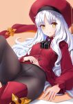  1girl bangs beret black_legwear breasts brooch buttons caren_hortensia caren_hortensia_(amor_caren) crotch_seam fate/grand_order fate_(series) hat highres jewelry knee_up long_hair long_sleeves looking_at_viewer medium_breasts neck_ribbon panties panties_under_pantyhose pantyhose red_headwear red_shirt ribbon shawl shirt smile thighs underwear wapokichi wavy_hair white_hair yellow_eyes 