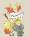  2020 absurd_res anthro big_breasts big_ears blush braixen breasts canid canine female fur hi_res inner_ear_fluff mammal navel nervous nintendo open_mouth pachislot pok&eacute;mon pok&eacute;mon_(species) red_eyes red_nose simple_background solo thick_thighs tuft video_games wide_hips yellow_body yellow_fur 