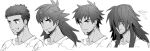  1boy alternate_hair_length alternate_hairstyle bangs closed_mouth facial_hair greyscale leon_(pokemon) long_hair looking_at_viewer male_focus monochrome multiple_views parted_lips pokemon pokemon_(game) pokemon_swsh shirt smile translation_request unko_yoshida upper_body white_background 
