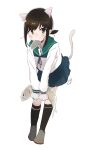  1girl absurdres black_hair black_legwear blue_skirt blush eyebrows_visible_through_hair fish fubuki_(kancolle) full_body green_eyes green_sailor_collar hair_between_eyes highres kantai_collection kneehighs long_sleeves ma_rukan mouth_hold rudder_footwear sailor_collar school_uniform serafuku short_hair short_ponytail signature simple_background skirt solo white_background 