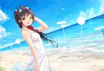  1girl absurdres bangs bare_shoulders beach bird black_hair blue_flower blue_sky blush breasts cloud day dress eyebrows_visible_through_hair flower from_side hair_flower hair_ornament hairclip hand_in_hair hand_up head_wreath highres horizon long_hair looking_at_viewer looking_to_the_side medium_breasts na_kyo ocean open_mouth original outdoors red_flower sand seagull sign sky sleeveless sleeveless_dress smile solo standing sundress water waves white_dress white_flower yellow_eyes 