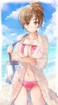  1girl ass_visible_through_thighs bag beach bikini breasts brown_eyes brown_hair cloud cloudy_sky commentary_request daidou_(demitasse) earrings highres jewelry large_breasts looking_at_viewer md5_mismatch meiko navel ocean outdoors ponytail red_bikini short_hair sky solo standing summer swimsuit vocaloid 