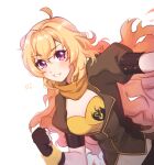  1girl bangs black_gloves blonde_hair breasts byoru cleavage clenched_hand eyebrows_visible_through_hair fingerless_gloves floating_hair gloves grin hair_between_eyes long_hair medium_breasts midriff navel orange_neckwear purple_eyes rwby shiny shiny_hair short_sleeves smile solo stomach upper_body very_long_hair white_background yang_xiao_long 