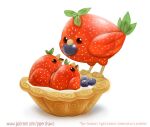  2021 age_difference ambiguous_gender avian bird blueberry_(fruit) brown_eyes cryptid-creations dessert food food_creature fruit leaf nest open_mouth parent parent_and_child pie plant red_body simple_background solo strawberry tart_(food) text url white_background wings 