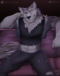  2021 5_fingers abs anthro biceps black_claws black_nose blind_eye bottomwear bulge canid canid_demon canine canis claws clothed clothing demon digital_media_(artwork) eye_scar facial_scar fangs finger_claws fingers fur furniture genital_outline grey_body grey_fur hellhound helluva_boss hi_res humanoid_hands jacket leather leather_clothing leather_jacket leather_topwear looking_at_viewer male mammal mondlight muscular muscular_anthro muscular_male navel notched_ear pants penis_outline red_sclera scar sharp_teeth shirt signature sitting sitting_on_sofa sleeveless smile sofa solo teeth text topwear torn_bottomwear torn_clothing torn_jacket torn_pants torn_shirt torn_sleeves torn_topwear url vortex_(vivzmind) white_eyes wolf 