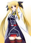  1girl black_ribbon blonde_hair breasts cape fate_testarossa gradient gradient_background highres large_breasts light_smile long_hair lyrical_nanoha mahou_shoujo_lyrical_nanoha military military_uniform red_eyes ribbon smile solo thighhighs thighs tsukamoto_takashi twintails uniform white_cape zettai_ryouiki 