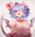  1girl 60mai ;3 ;d animal_ears bat_wings blue_hair blush breasts cat_ears cat_tail commentary_request dress eyebrows_visible_through_hair fang hair_between_eyes hat kemonomimi_mode looking_at_viewer mob_cap one_eye_closed open_mouth paw_pose pink_dress puffy_short_sleeves puffy_sleeves red_eyes remilia_scarlet short_hair short_sleeves simple_background small_breasts smile solo tail touhou upper_body v-shaped_eyebrows white_background wings 