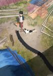  1boy anatomical_nonsense animal arizuka_(13033303) bangs black_hair brown_hair brown_shorts cat cat_day commentary day from_above grass highres male_focus multiple_legs original outdoors raglan_sleeves sandals shirt short_hair short_sleeves shorts 