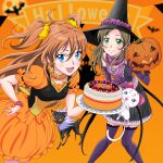  2girls :d black_headwear black_skirt blue_eyes bracelet breasts brown_hair cake cat cleavage closed_mouth collarbone earrings elbow_gloves floating_hair food food_themed_earrings gloves green_eyes hair_ornament hair_scrunchie halloween halloween_costume hat holding holding_plate houjou_hibiki hummy_(suite_precure) jewelry layered_skirt leaning_forward long_hair maruze_circus minamino_kanade miniskirt multiple_girls open_mouth orange_skirt plate precure pumpkin pumpkin_earrings purple_gloves purple_legwear red_scrunchie scrunchie seiren_(suite_precure) shiny shiny_hair skirt small_breasts smile suite_precure thighhighs twintails witch_hat wrist_scrunchie yellow_scrunchie zettai_ryouiki 