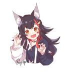  1girl :3 :d animal_ear_fluff animal_ears black_hair claw_pose hair_ornament hairclip highlights highres hololive hood hoodie long_hair looking_at_viewer multicolored_hair ookami_mio open_mouth orange_eyes red_hair signature simple_background smile solo streaked_hair upper_body virtual_youtuber vyolfers white_background wolf_ears 