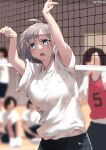  1girl bangs black_shorts blue_eyes blurry blurry_background blush breasts grey_hair gym_uniform hands_up jonsun large_breasts open_mouth original riku_(jonsun) shirt short_hair short_sleeves shorts solo_focus volleyball volleyball_net white_shirt 