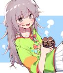  1girl ahoge bangs blush bow braid eyebrows_visible_through_hair flower_pot food_print grey_eyes grey_hair hair_between_eyes hair_bow holding hoshi_syoko idolmaster idolmaster_cinderella_girls long_hair looking_at_viewer mg_pong mushroom mushroom_print open_mouth pink_bow pleated_skirt sharp_teeth shirt side_braid simple_background skirt solo sweat teeth two-tone_background white_skirt 