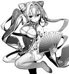  1girl azur_lane bare_shoulders chao_ho_(azur_lane) chinese_clothes cleavage_cutout clothing_cutout fan folding_fan hair_between_eyes hori_(hori_no_su) long_hair monochrome multicolored_hair sweat two-tone_hair 