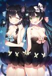  2girls :d ;3 animal_ear_fluff animal_ears arms_behind_back ayamy bangs bare_arms bare_shoulders bat_hair_ornament black_choker black_footwear black_hair blue_bow blush bow braid breasts bug butterfly cat_day cat_ears cat_girl cat_tail choker cleavage collarbone cowboy_shot crescent crescent_earrings dress earrings eyebrows_visible_through_hair frilled_dress frills green_eyes hair_bow hair_ornament hand_up heart heart_in_eye insect jewelry large_breasts long_hair looking_at_viewer multicolored_hair multiple_girls night night_sky one_eye_closed open_mouth original outdoors parted_lips pink_bow purple_hair sky smile straight_hair strapless strapless_dress symbol_in_eye tail thighs twin_braids two-tone_hair very_long_hair white_bow yellow_eyes 