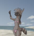  aardwolf anneke_(weaver) anthro beach bikini brown_body brown_fur bulge cellphone chest_tuft clothed clothing cloud crossdressing crossgender disney famished_(artist) fur gesture head_tuft hi_res hyaenid male mammal pack_street phone seaside selfie smile smirk solo striped_tail stripes swimwear tuft v_sign zootopia 