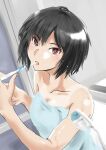  1girl amagami bangs bare_shoulders bathroom black_hair blue_towel blurry blurry_foreground blush bob_cut breasts brown_eyes brushing_teeth cleavage collarbone commentary depth_of_field looking_at_viewer medium_breasts messy_hair murasaki_iro naked_towel nanasaki_ai open_mouth pov short_hair solo tan tanline toothbrush toothbrush_in_mouth towel upper_body wet 