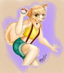  2021 anthro canid canine canis clothed clothing cosplay crossover digital_media_(artwork) domestic_dog female fluffy fluffy_tail fur green_eyes gym_leader hair hi_res holding_object holding_pok&eacute;ball jennibutt looking_at_viewer mammal misty_(pok&eacute;mon) nintendo open_mouth pok&eacute;ball pok&eacute;mon pomeranian rika_(character) simple_background smile solo spitz standard_pok&eacute;ball teeth thick_thighs tongue topwear video_games 