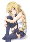  1girl :d bangs black_bow black_legwear black_neckwear black_shorts blonde_hair blue_eyes bow braid braided_ponytail breasts collared_shirt eyebrows_visible_through_hair fate/apocrypha fate_(series) hair_between_eyes hair_bow highres jeanne_d&#039;arc_(fate) jeanne_d&#039;arc_(fate)_(all) leg_hug long_hair medium_breasts necktie open_mouth ponytail samoore shiny shiny_hair shirt short_shorts shorts sideboob simple_background sitting sketch sleeveless sleeveless_shirt smile solo sweatdrop thighhighs very_long_hair white_background white_shirt wing_collar zettai_ryouiki 