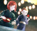  1boy 1girl alternate_costume artist_name bangs blue_kimono blurry blurry_background blush blush_stickers bokeh brown_eyes candy_apple closed_mouth commentary_request danganronpa_(series) danganronpa_v3:_killing_harmony depth_of_field fish food goldfish goldfish_scooping green_kimono holding holding_food hoshi_ryouma japanese_clothes kimono lamp looking_at_viewer night obi pale_skin poi_(goldfish_scoop) red_hair sakuyu sash short_hair very_short_hair yukata yumeno_himiko 