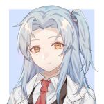  1girl angela_(lobotomy_corporation) closed_mouth coat collared_shirt eyebrows_visible_through_hair hair_tie light_blue_hair lobotomy_corporation necktie open_clothes open_coat red_neckwear shirt side_ponytail simple_background solo tadanogomi upper_body white_coat white_shirt yellow_eyes 
